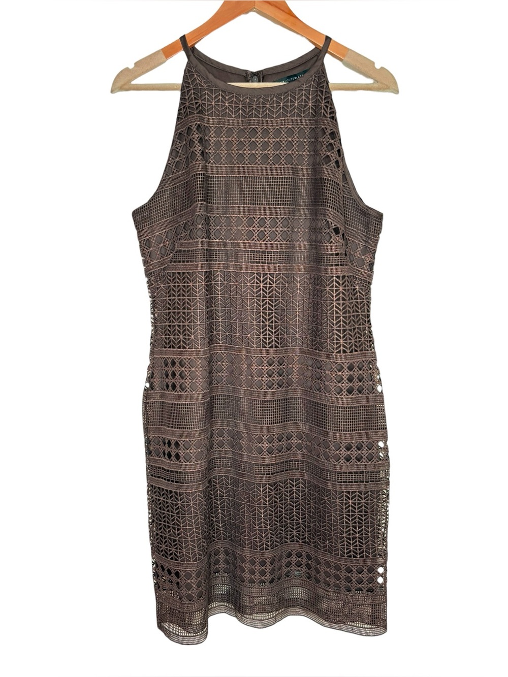 White House Black Market dress brown metallic guipere lace sheath size 10